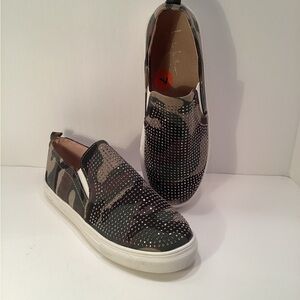 Nicole Miller Camouflage Slip-On Sneakers with Stud Detailing - Black/Green  A16